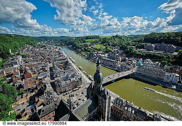 Aerial view of Dinant town  Collegiate Church of Notre Dame de Dinant  River Meuse and Pont Charles de Gaulle bridge from Dinant Citadel. Dinant  Belgium