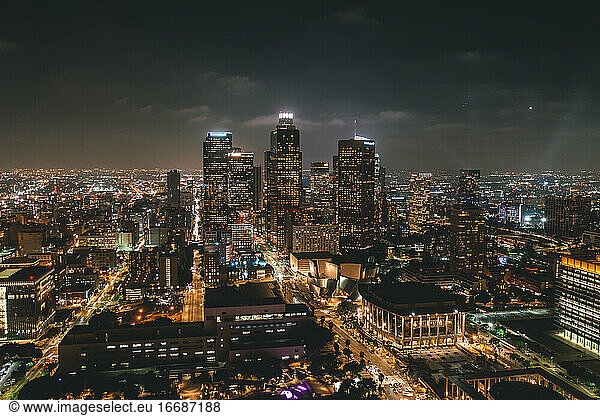 Aerial View of Downtown Los Angeles Skyline with City Lights from Aerial Perspective