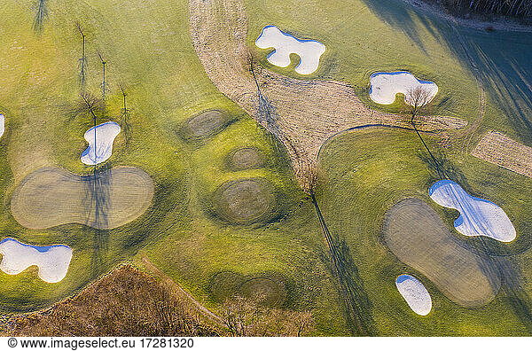 Aerial view of empty golf course in autumn