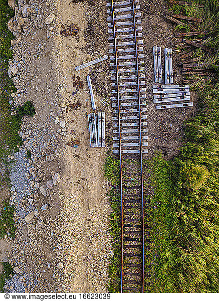 Aerial view of empty railroad tracks