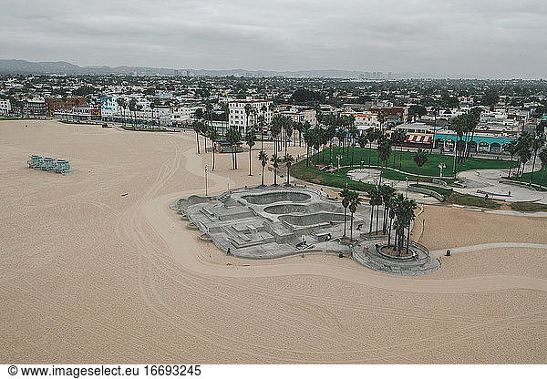 Aerial View of Empty Venice Beach Skatepark morning vibe with no people
