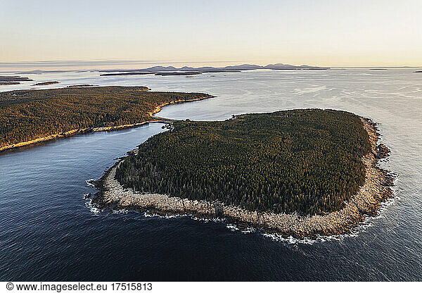 Aerial view of Frenchboro Island along Maine Coast. Acadia in distance
