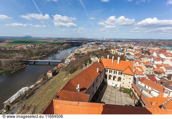Aerial view of Gothic tower of the church  castle and landscape of the Elbe river  Melnik  Czech Republic  Europe.