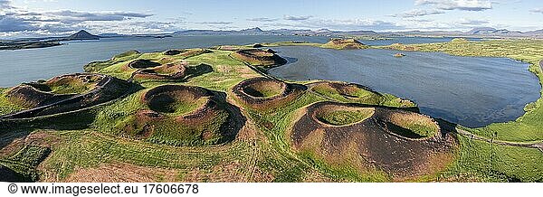 Aerial view of green volcanic crater  pseudo-crater at Lake Mývatn  Skútustaðir  Norðurland eystra  Iceland  Europe