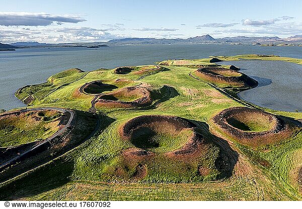 Aerial view of green volcanic crater  pseudo-crater at Lake Mývatn  Skútustaðir  Norðurland eystra  Iceland  Europe