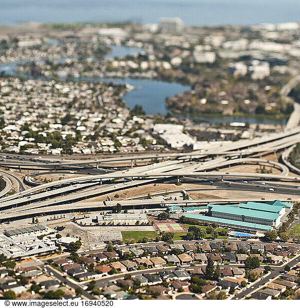 Aerial view of highays and urban sprawl.