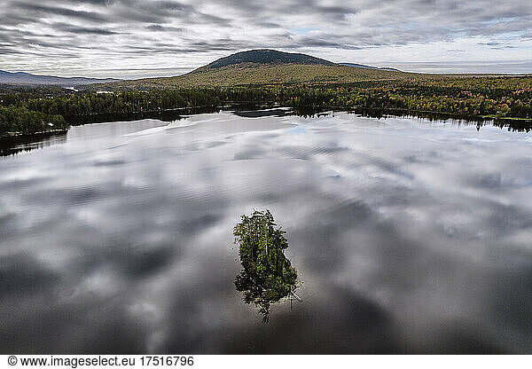 aerial view of island and mountain on Moxie Pond  Maine.