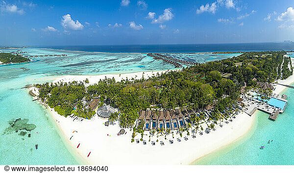 Aerial view of island with water bungalows in Lankanfushi  Male Atoll  Maldives