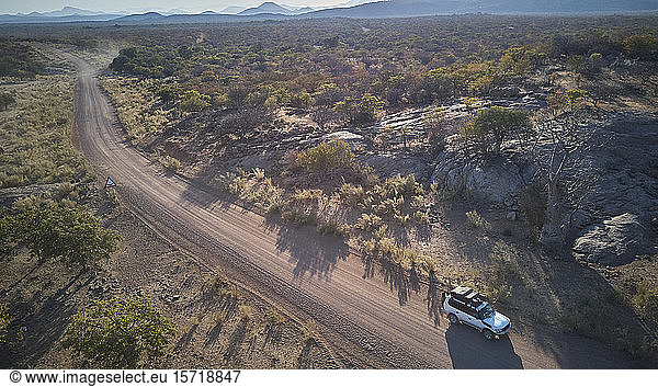 Aerial view of jeep on dirt track  Opuwo  Namibia