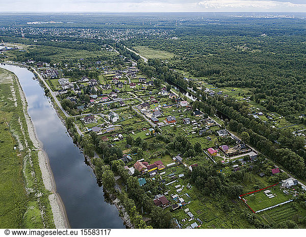 Aerial view of Ladoga canals against sky at Shlisselburg  Russia