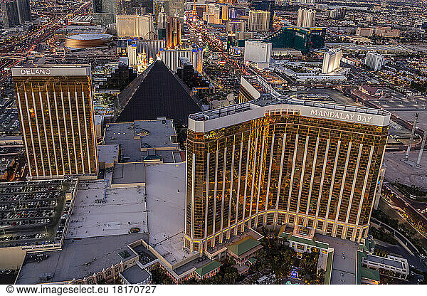 Aerial view of landmark hotels and the Las Vegas Strip in Las Vegas at sunset; Las Vegas  Nevada  United States of America