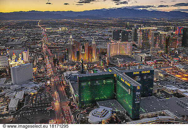Aerial view of landmark hotels and the Las Vegas Strip in Las Vegas at sunset; Las Vegas  Nevada  United States of America