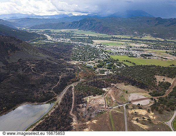 Aerial view of landscape from wildfire in Colorado
