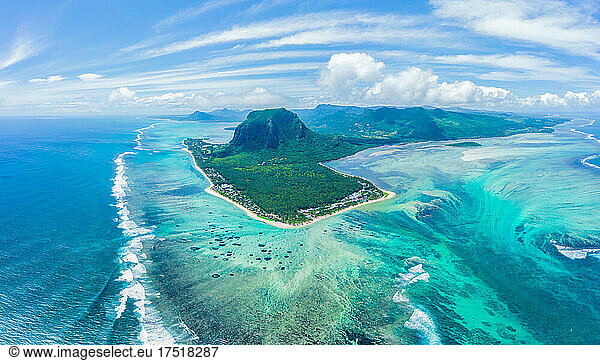 Aerial view of Le Morne Brabant mountain which is in the World H