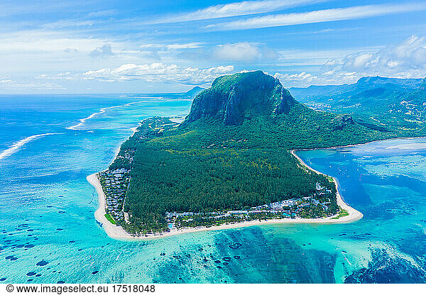 Aerial view of Mauritius island panorama and famous Le Morne Bra