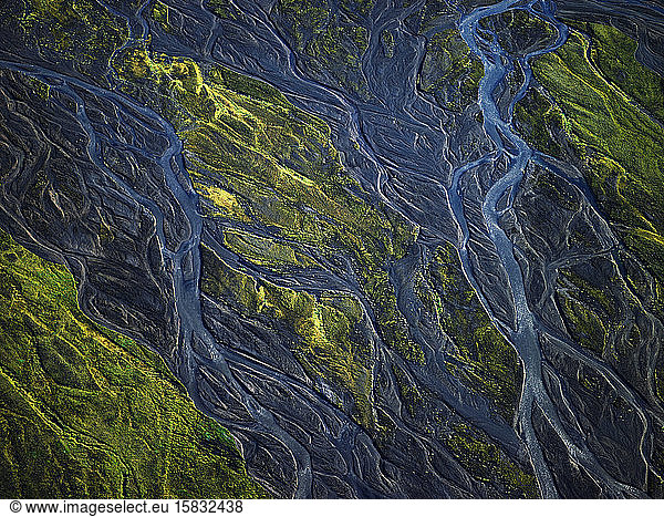 aerial view of meandering glacier rivers on the Icelandic highlands