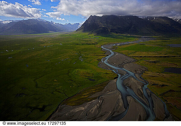 Aerial view of meandering river on the Icelandic south coast