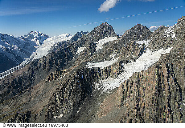 Aerial view of mountain ranges in Mount Cook National Park  Mackenzie District  Canterbury  South Island  New Zealand