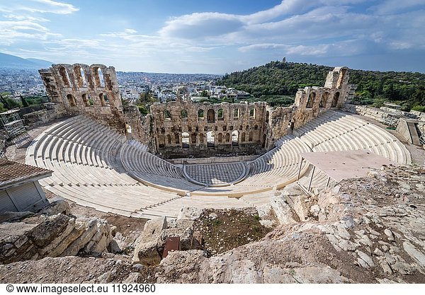 Aerial view of Odeon of Herodes Atticus  part of ancient Acropolis of Athens city  Greece.