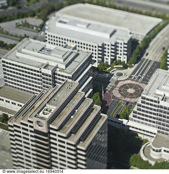 Aerial view of office buildings.