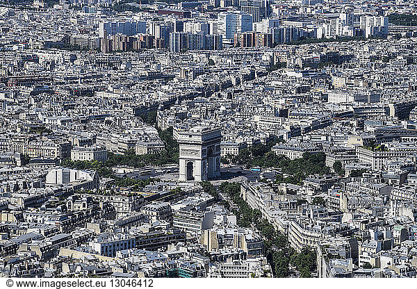 Aerial view of Paris and Arc De Triomphe
