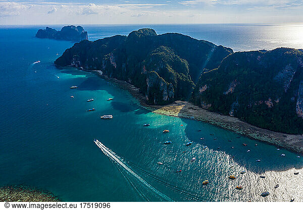Aerial view of Phi Phi  Maya beach with blue turquoise seawater