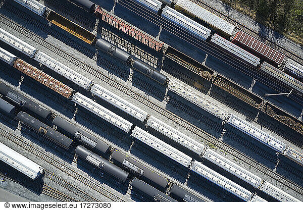 Aerial view of railroad cars and storage tanks