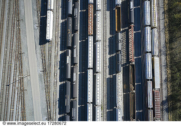 Aerial view of railroad cars and storage tanks