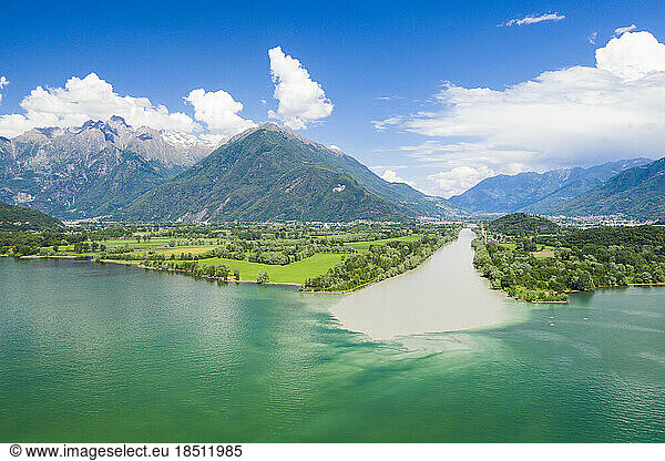 Aerial view of River Adda flowing into Lake Como  Lombardy  Italy