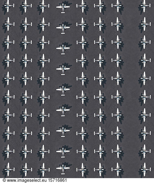 Aerial view of rows of airplanes