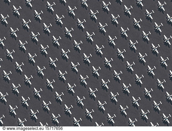 Aerial view of rows of airplanes