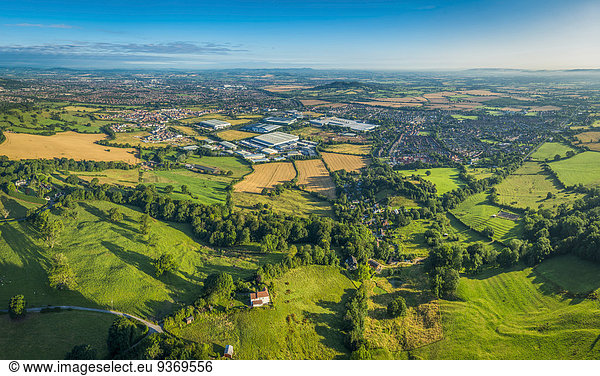 Aerial view of rural fields surrounding Gloucester city  Gloucestershire  England