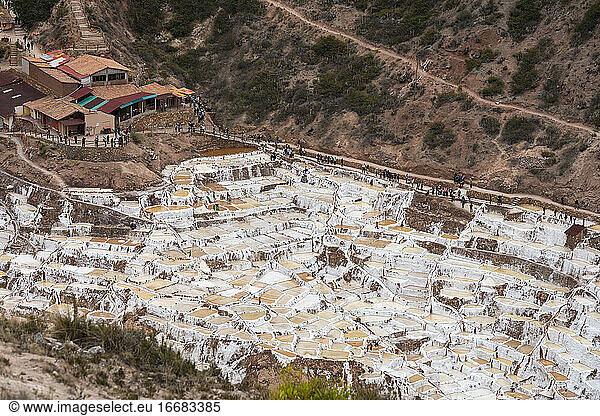 Aerial view of salt mines at Salineras de Maras  Sacred Valley  Peru