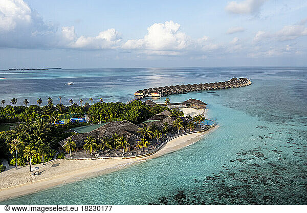 Aerial view of sea with tourist resort at Maldives