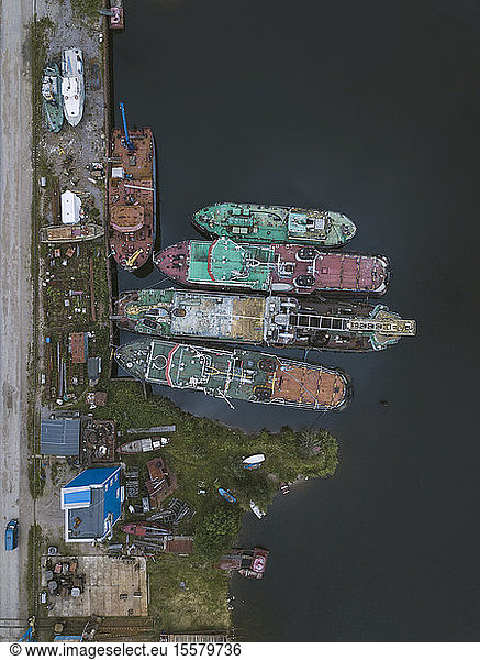 Aerial view of ships in Ladoga canal at shipyard  Shlisselburg  Russia