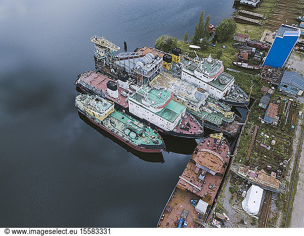 Aerial view of ships moored in Ladoga canal at shipyard  Shlisselburg  Russia