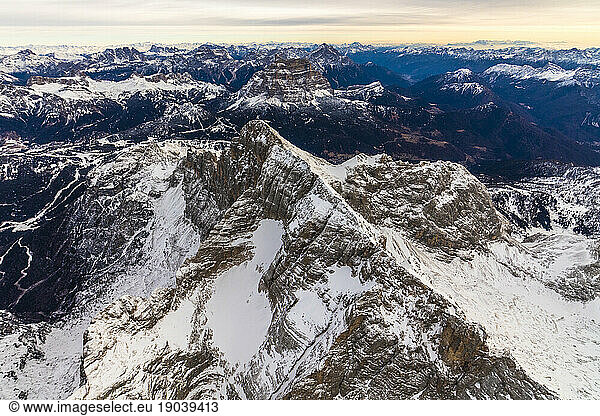 Aerial view of snow covered Monte Civetta  Ampezzo Dolomites  Italy