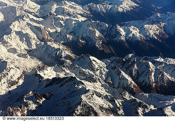 Aerial view of snowcapped mountain range