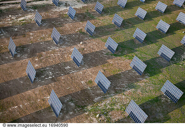 Aerial view of solar panels on a field  Huelva Province  Spain.