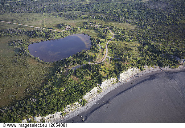 Aerial View Of Stone Step Lake  Development Beach And Kachemak Bay; Homer  Alaska  United States Of America