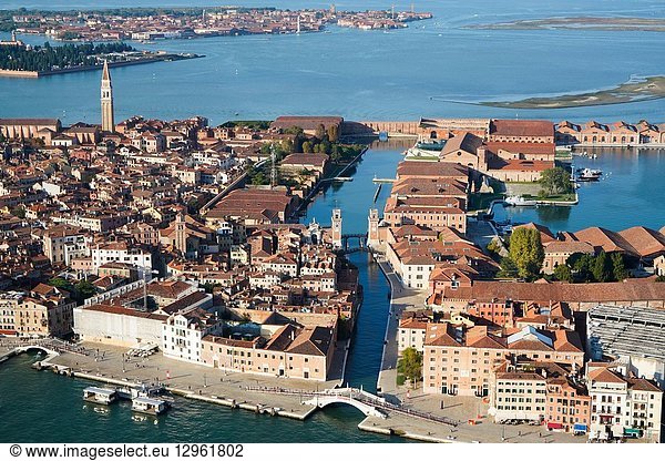Aerial view of the Arsenale of Venice  Venice Lagoon  Italy  Europe.