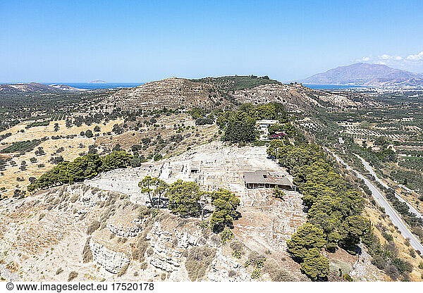 Aerial view of the old Minoan Palace and ruins at Phaistos archaeological site  Crete  Greek Islands  Greece  Eurpoe