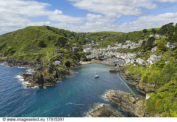 Aerial view of the picturesque Cornish fishing village  Polperro  Cornwall  England  United Kingdom  Europe