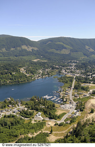 Aerial view of the town of Lake Cowichan on Cowichan Lake  Vancouver Island  British Columbia  Canada