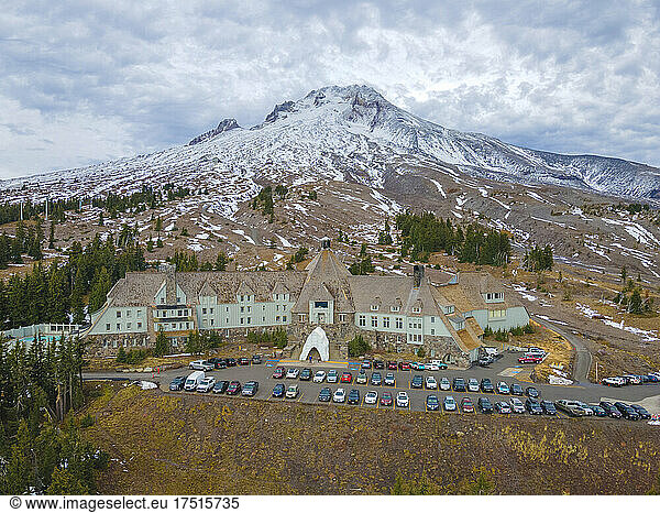 Aerial view of Tiberline Lodge with Mount Hood in the background