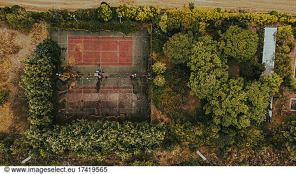 Aerial view of trees surrounding abandoned tennis courts