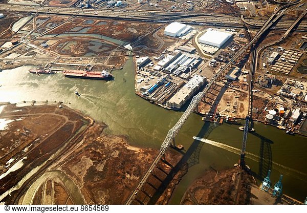 Aerial view of urban landscape with river and industry  New Jersey  USA