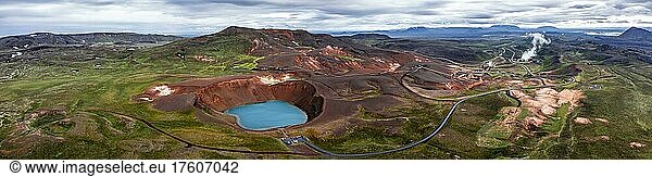 Aerial view of volcanic crater  volcanic lake  crater lake Viti at central volcano Krafla  Myvatn  North Iceland  Iceland  Europe