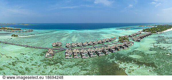 Aerial view of water bungalows at Lankanfushi Island in Kuda Huraa  Maldives