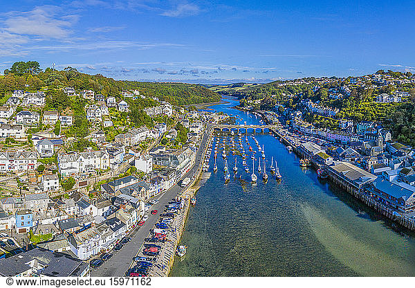 Aerial view over Looe  Cornish fishing town  Cornwall  England  United Kingdom  Europe